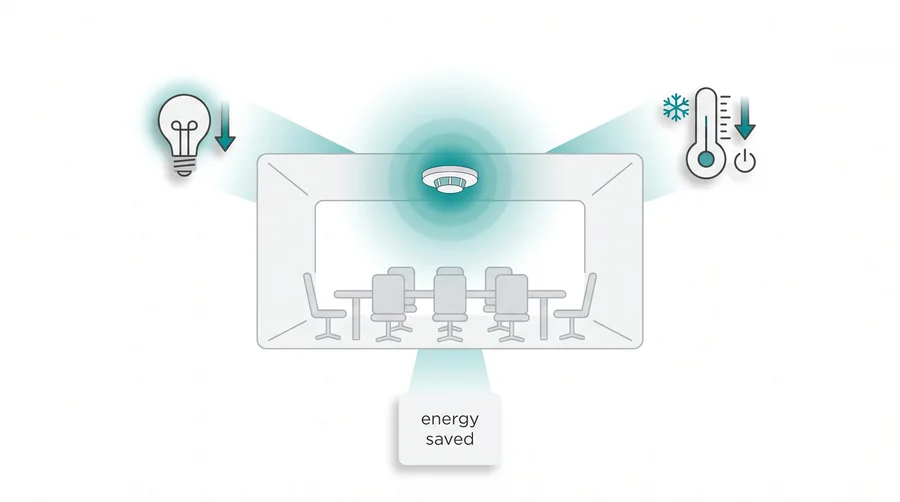 An empty meeting room: lighting dims and cooling steps back automatically